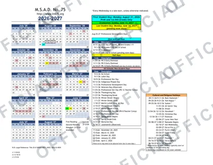 MSAD No. 75 Schools 2026-27 calendar