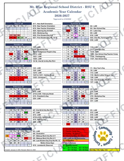 Mt. Blue Regional School District - RSU 9 2026-27 calendar