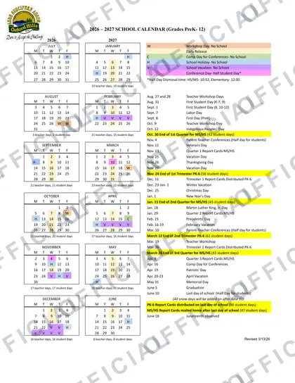 Oxford Hills School 2026-27 calendar