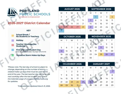 Portland Public Schools 2026-27 calendar