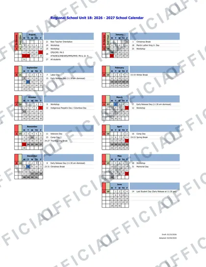 Regional School Unit 18 2026-27 calendar