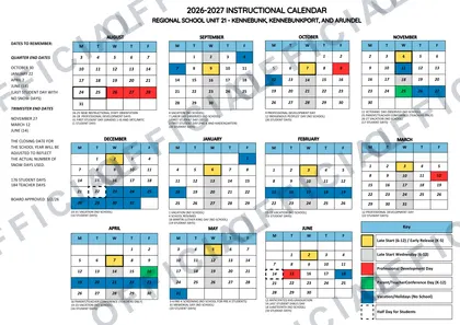 Regional School Unit 21 - Kennebunk, Kennebunkport, and Arundel 2026-27 calendar