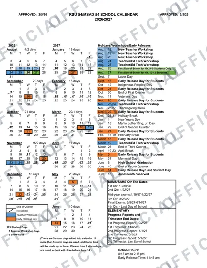 RSU 54/MSAD 54 2026-27 calendar