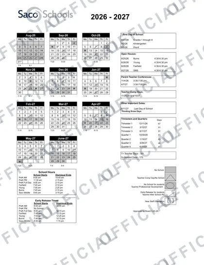 Saco Schools 2026-27 calendar