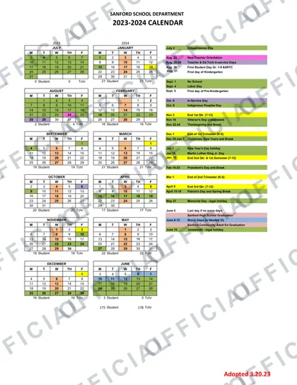 Sanford School Department 2026-27 calendar