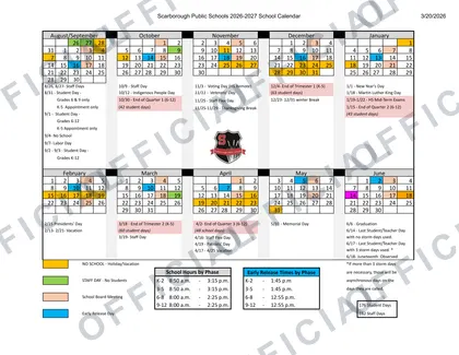 Scarborough Public Schools 2026-27 calendar