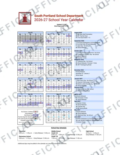South Portland School Department 2026-27 calendar