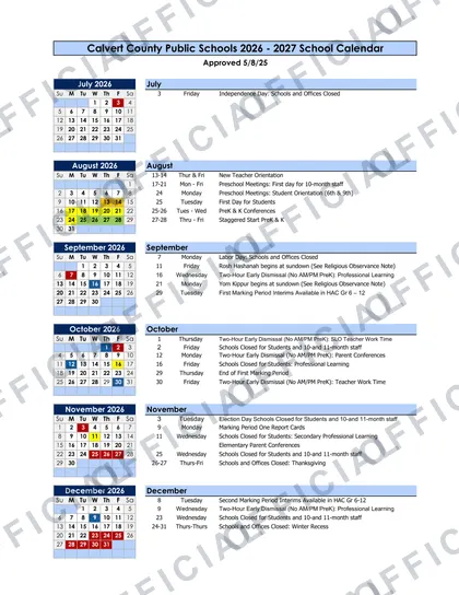 Calvert County Public Schools 2026-27 calendar