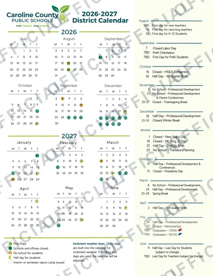 Caroline County Public Schools 2026-27 calendar
