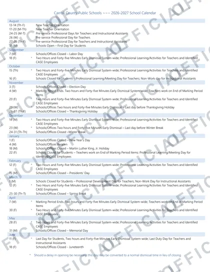 Carroll County Public Schools 2026-27 calendar