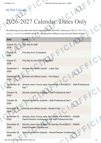 HCPSS Howard County 2026-27 calendar