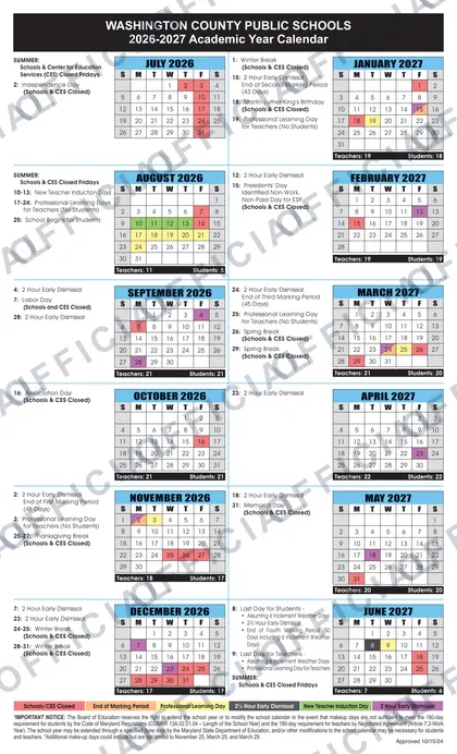 Washington County Public Schools 2026-27 calendar