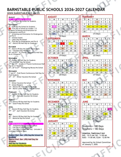 Barnstable Public Schools 2026-27 calendar