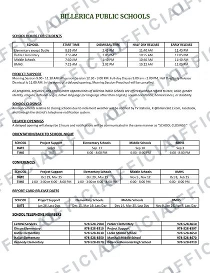 Billerica Public Schools 2026-27 calendar