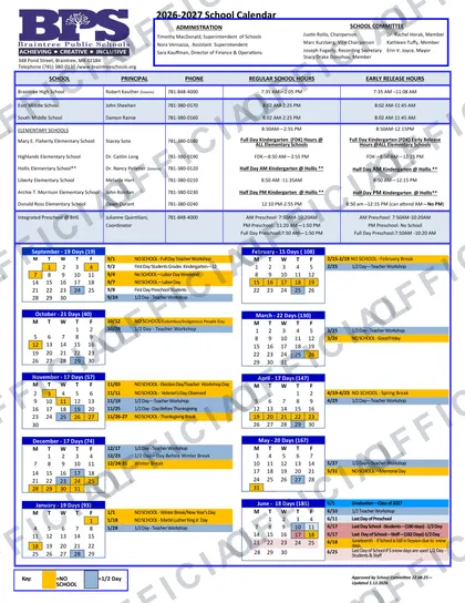 Braintree Public Schools 2026-27 calendar
