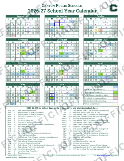 Canton Public Schools 2026-27 calendar