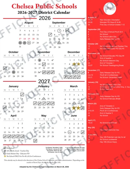 Chelsea Public Schools 2026-27 calendar