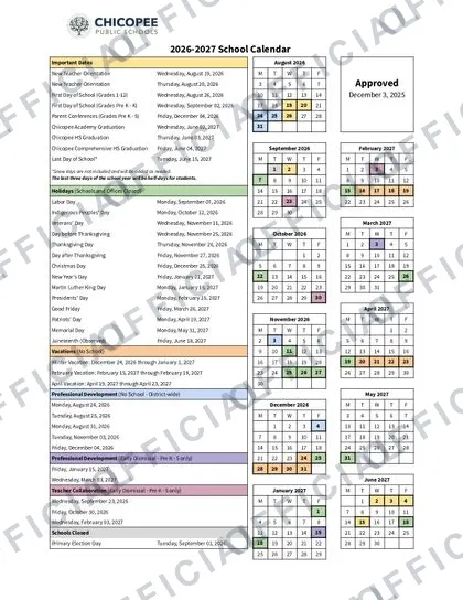 CHICOPEE PUBLIC SCHOOLS 2026-27 calendar