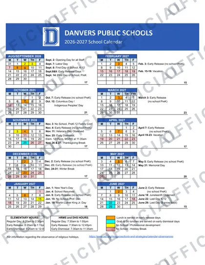 Danvers Public Schools 2026-27 calendar