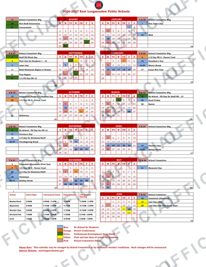 East Longmeadow Public Schools 2026-27 calendar