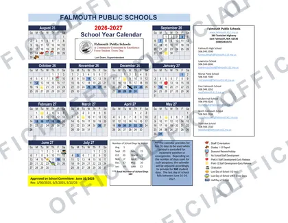 Falmouth Public Schools 2026-27 calendar