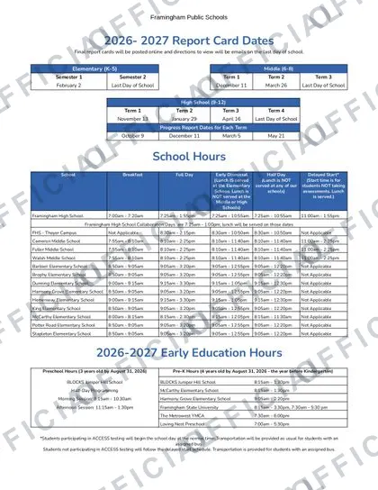 Framingham Public Schools 2026-27 calendar