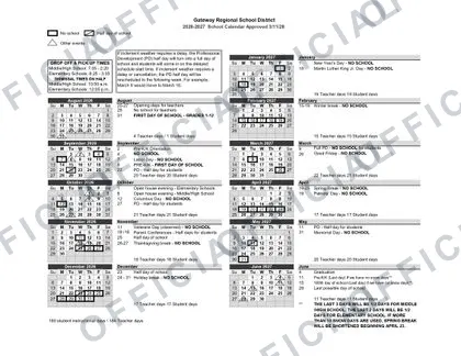 Gateway Regional School District 2026-27 calendar