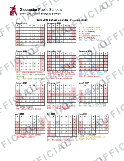 Gloucester Public Schools 2026-27 calendar