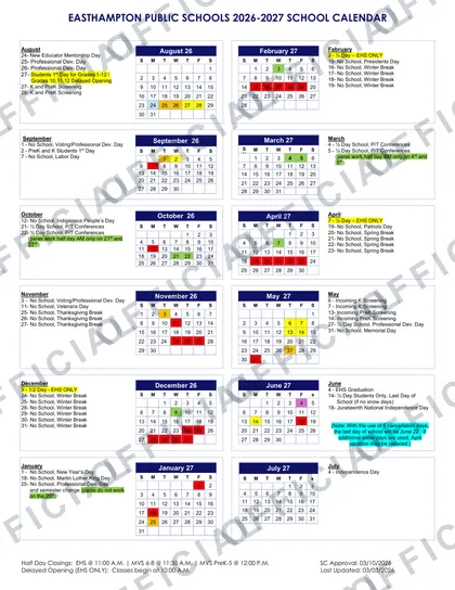 Hamilto -Wenham Regional School District 2026-27 calendar