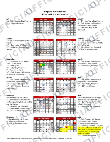 Hingham Public Schools 2026-27 calendar