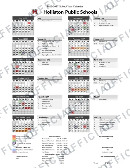 Holliston Public Schools 2026-27 calendar