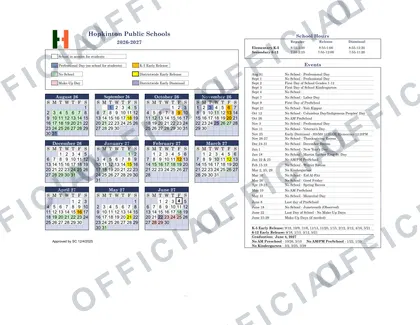 Hopkinton Public Schools 2026-27 calendar