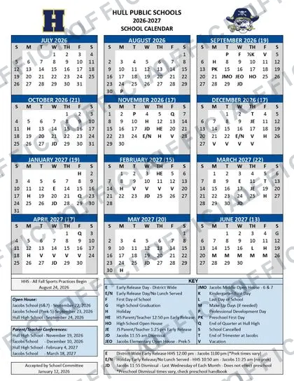 Hull Public Schools District 2026-27 calendar