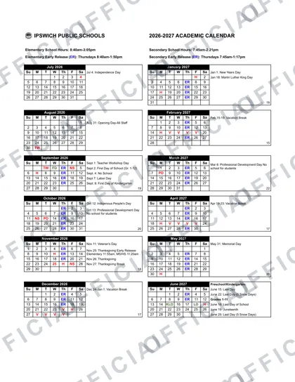 Ipswich Public Schools District 2026-27 calendar