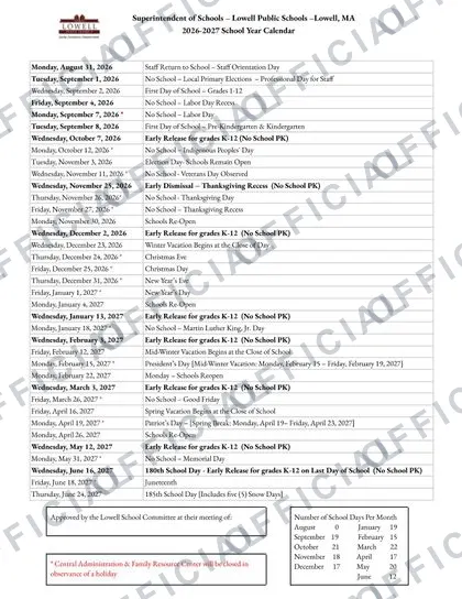 Lowell Public Schools 2026-27 calendar