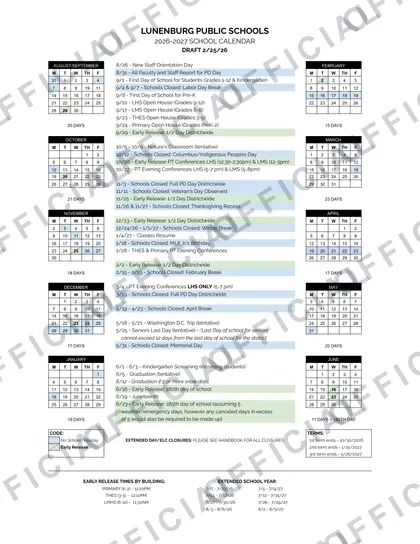 Lunenburg Public Schools 2026-27 calendar