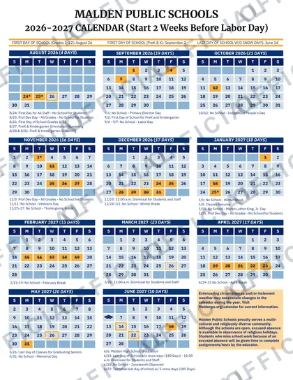Malden Public Schools 2026-27 calendar