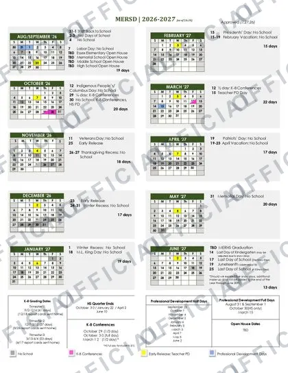 Manchester Essex Regional School District 2026-27 calendar