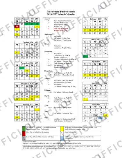 Marblehead Public Schools 2026-27 calendar