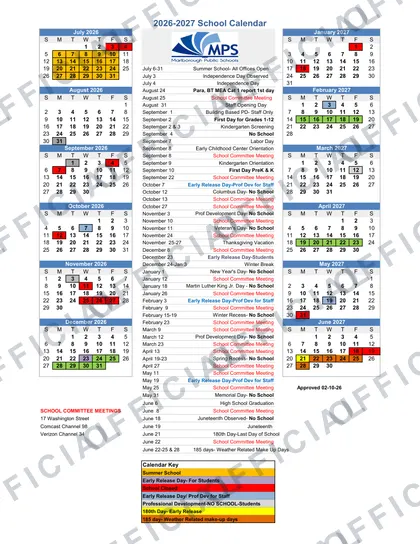 Marshfield Public Schools 2026-27 calendar