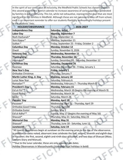 Medfield Public Schools 2026-27 calendar