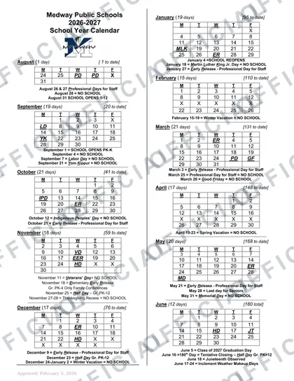 Medway Public Schools 2026-27 calendar
