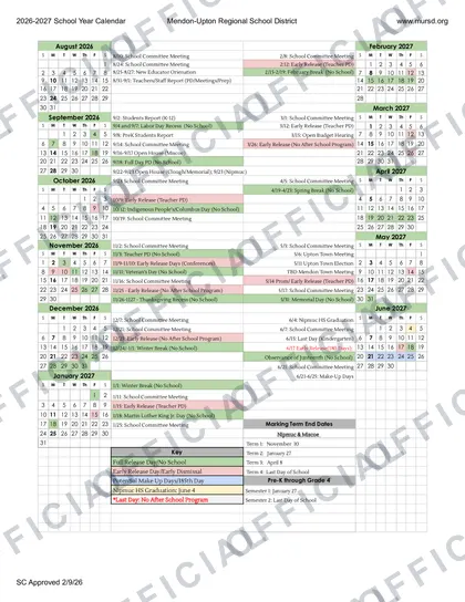 Mendon-Upton Regional School District 2026-27 calendar