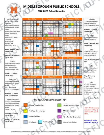 Middleborough Public Schools 2026-27 calendar