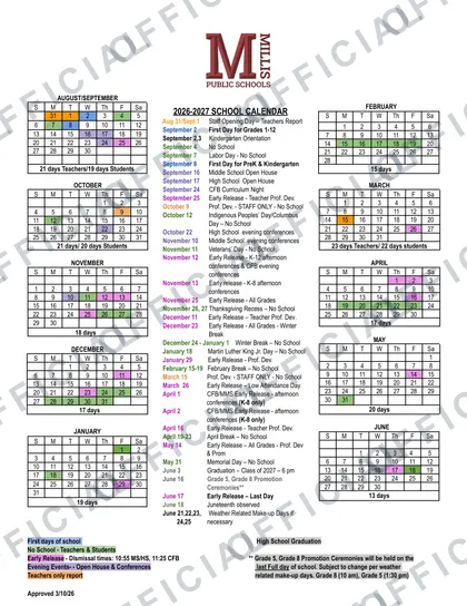 Millis Public Schools 2026-27 calendar