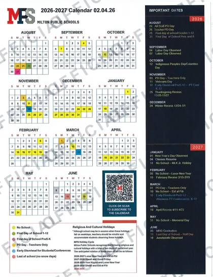 Milton Public Schools 2026-27 calendar