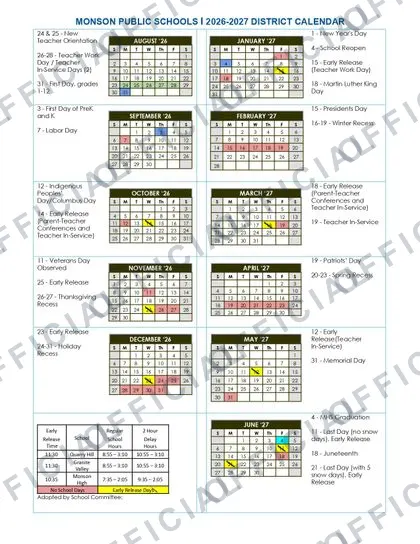 MONSON PUBLIC SCHOOLS 2026-27 calendar