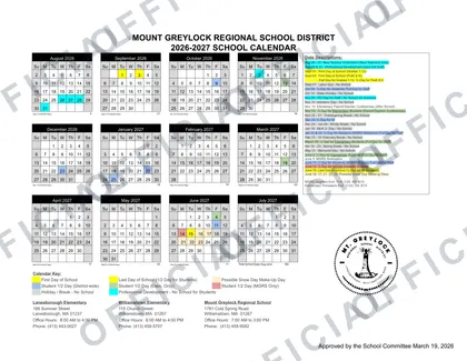 Mount Greylock Regional School District 2026-27 calendar