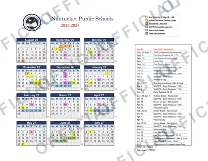 Nantucket Public Schools 2026-27 calendar