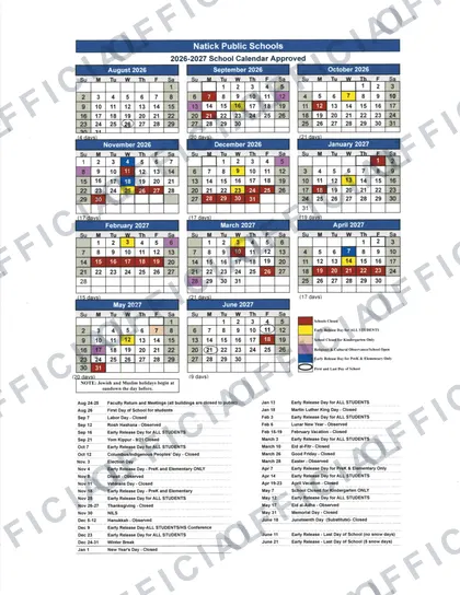 Natick Public Schools 2026-27 calendar